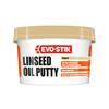 Evostik Linseed Oil Putty in a natural finish tub shown as a product packshot on a neutral background, designed for face glazing of door and window frames and suitable for use with wood and metal frames.